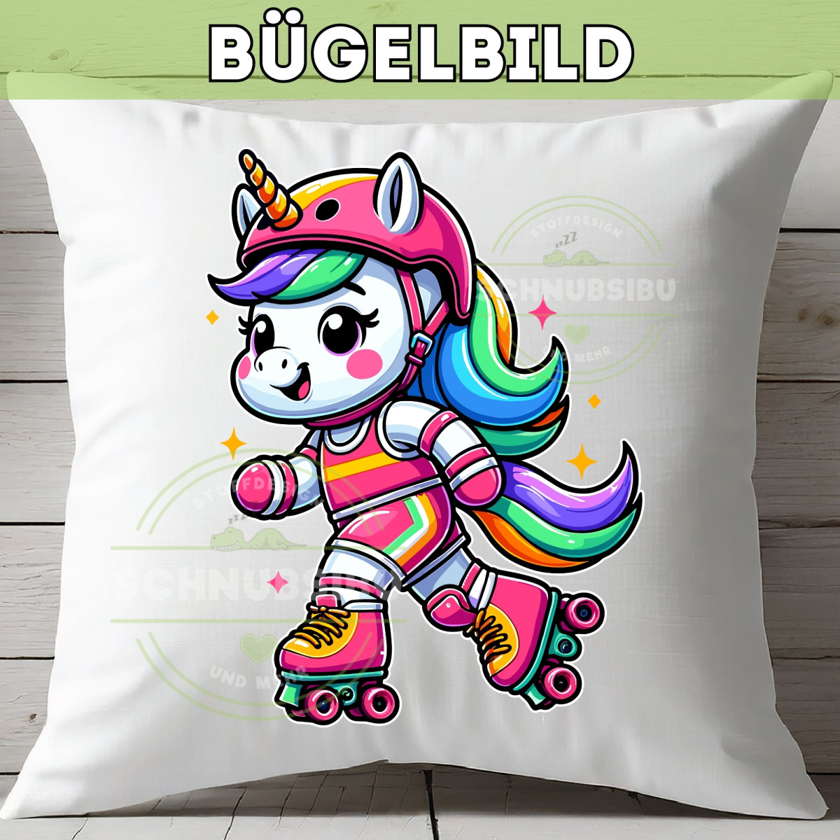 Bügelbild Einhorn auf Rollschuhen
